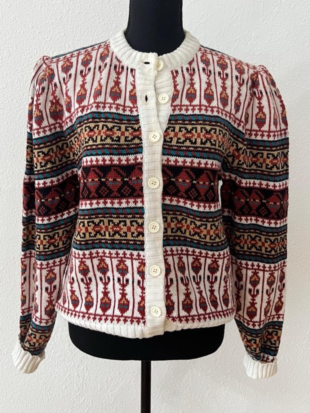 Vintage Fair Isle Puff Sleeve Knit Cardigan Sweater Folk Prairie Cottagecore M